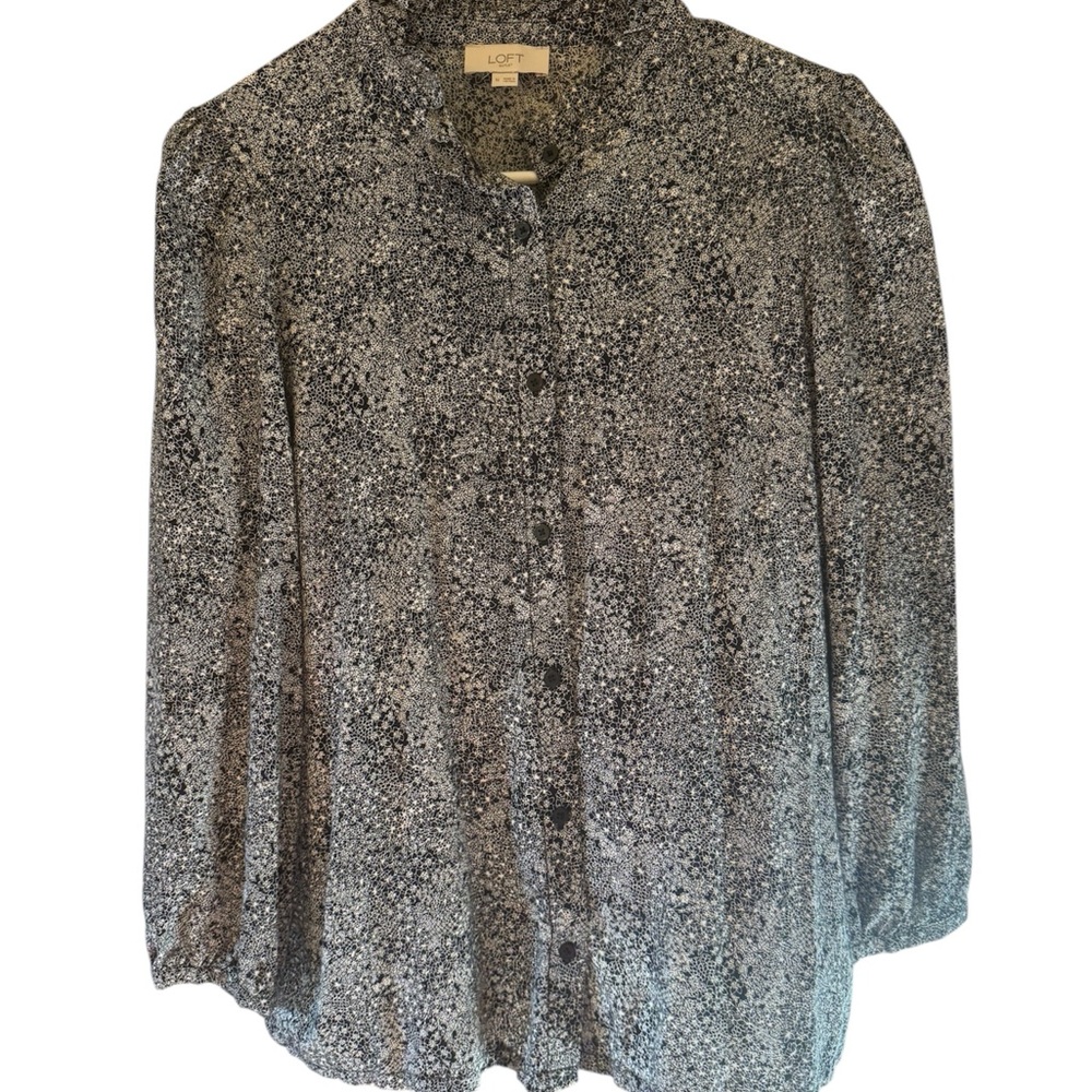 LOFT Black & White Print Blouse with Mandarin Collar – Size M